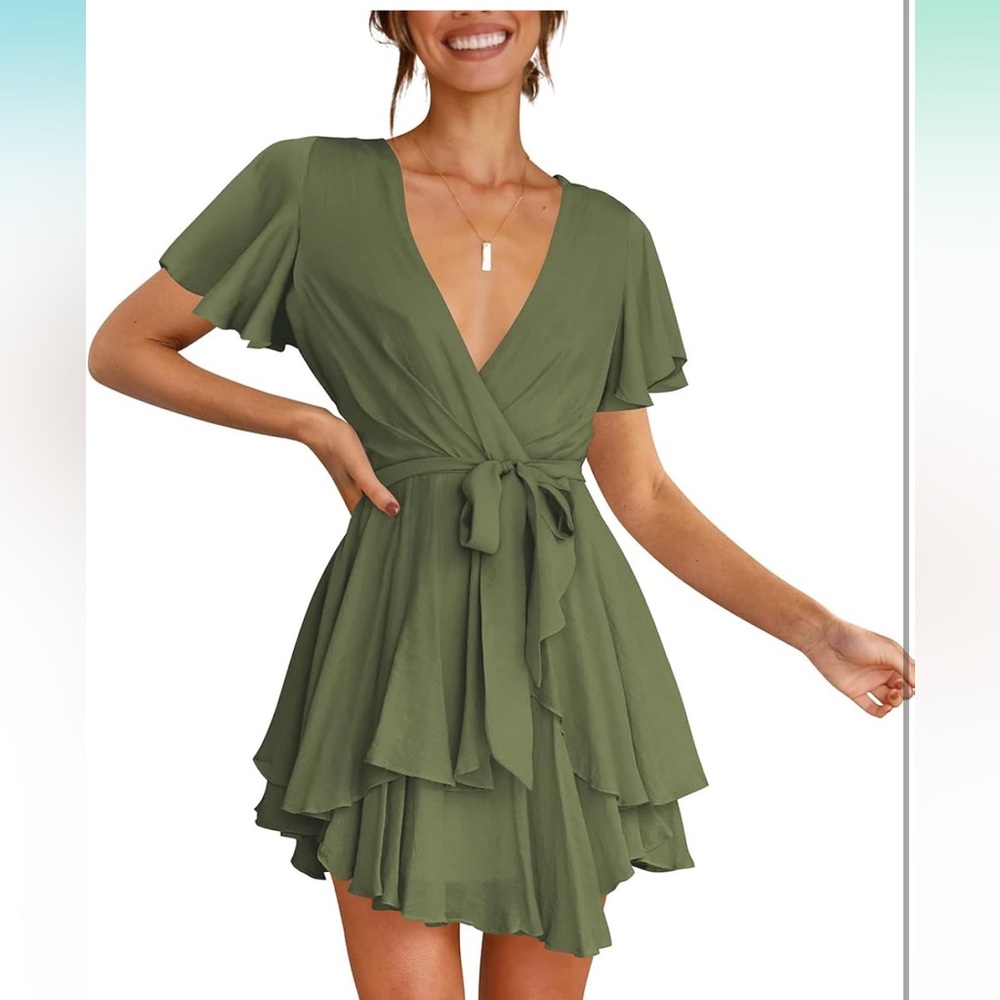 Women's Casual Short Sleeve V-Neck Tie Waist Short Dress | Olive Green  Medium
